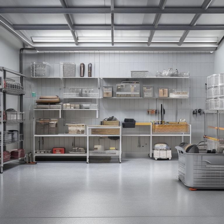 A well-organized garage interior with sleek, silver metal racks of varying heights, holding assorted tools, bins, and equipment, against a clean, gray concrete floor and white walls.