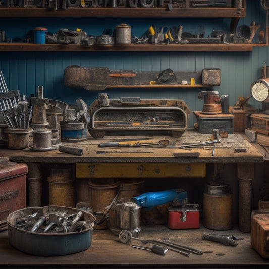 A cluttered workbench with a central, well-organized toolbox surrounded by scattered tools, screws, and parts, with 10 highlighted add-ons, including a drill bit set, level, and socket wrench.