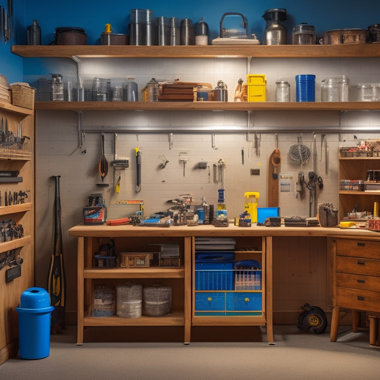 A clutter-free, well-lit workshop with a pegboard on the back wall, holding various tools and accessories, alongside a compact rolling cabinet with labeled drawers and a magnetic strip on the side.