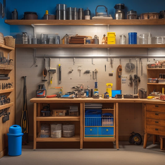 A clutter-free, well-lit workshop with a pegboard on the back wall, holding various tools and accessories, alongside a compact rolling cabinet with labeled drawers and a magnetic strip on the side.