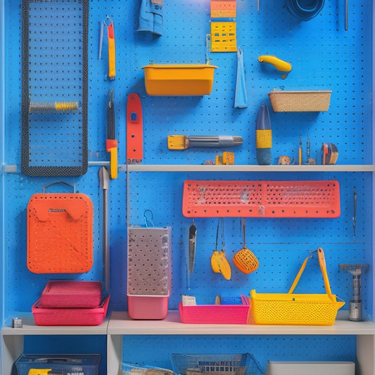 A colorful, well-lit pegboard with various tools and accessories organized by category, each item neatly spaced and secured with hooks, bins, and baskets, against a clean, minimalist background.