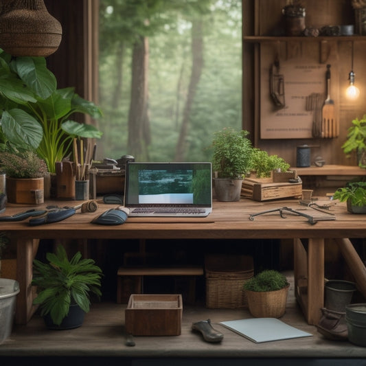 A serene, well-organized workshop with a wooden workbench, surrounded by lush greenery, featuring a Parkside toolset, a half-finished DIY project, and a laptop displaying a supportive online community forum.