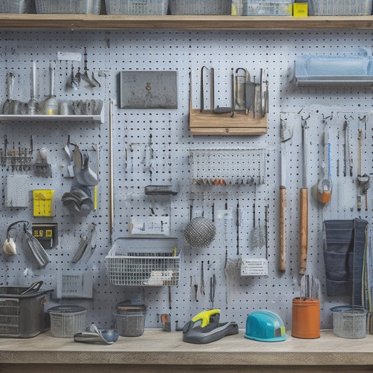 A tidy workshop with a large, grid-patterned pegboard on the wall, holding various tools and accessories, with a few tools hanging from hooks and bins storing small parts.