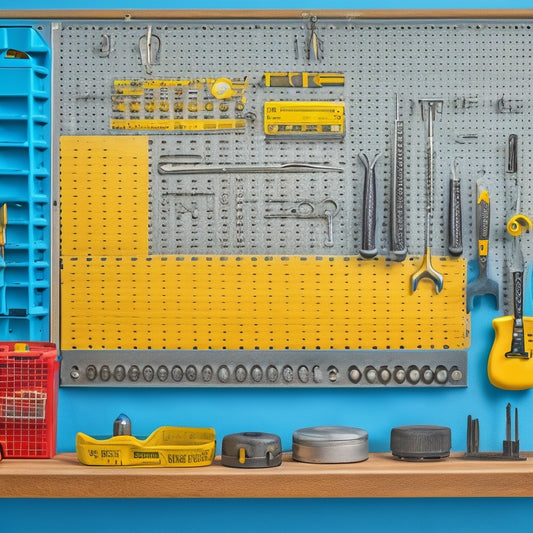 A clutter-free pegboard with neatly organized small engine repair tools, including wrenches, pliers, screwdrivers, and sockets, against a clean, gray background with subtle grid lines.