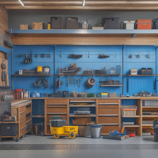 A well-organized garage with a large pegboard on a wall, adorned with various tools, baskets, and hooks, surrounded by a workbench, shelving units, and a sleek sports car in the background.