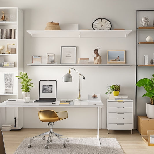 A modern home office with a sleek, white desk and ergonomic chair, surrounded by a combination of wall-mounted shelves, hooks, and boards, showcasing organized files, notebooks, and office supplies.