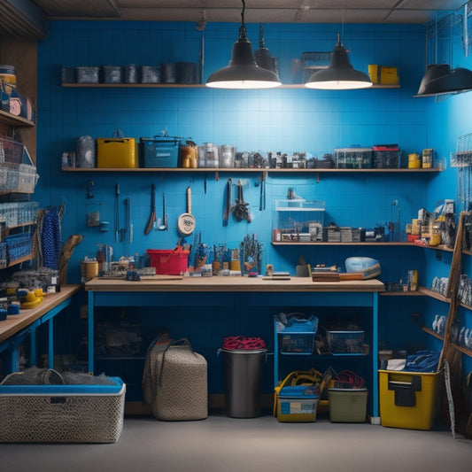 A well-lit, clutter-free basement workshop with a large pegboard covering one wall, adorned with neatly organized tools, bins, and accessories in a colorful and visually appealing arrangement.