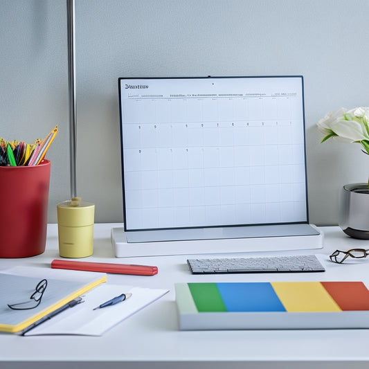 A modern, minimalist desk with a large, sleek glass whiteboard calendar as the centerpiece, surrounded by neatly arranged office supplies and a few colorful pens.