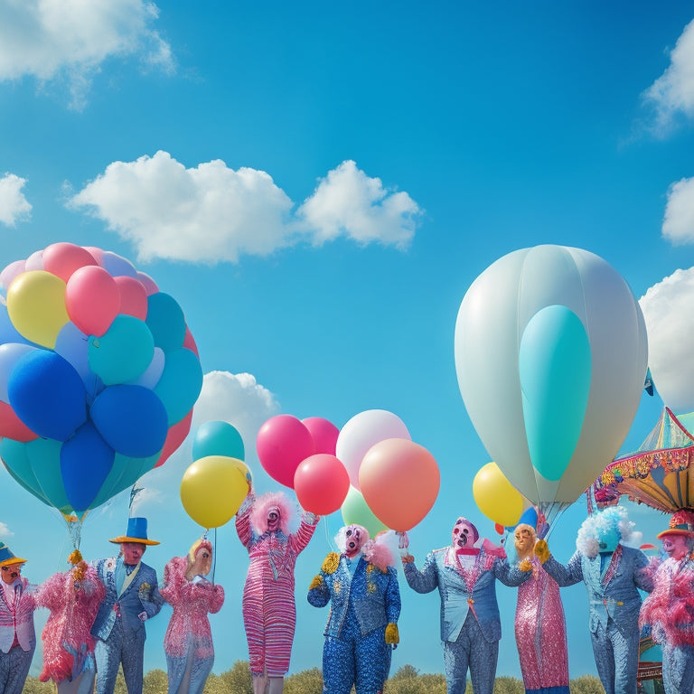 Vibrant clowns in oversized suits, adorned with ruffles and pom-poms, gathered around a vintage carnival carousel, surrounded by balloons, confetti, and a bright blue sky with fluffy white clouds.