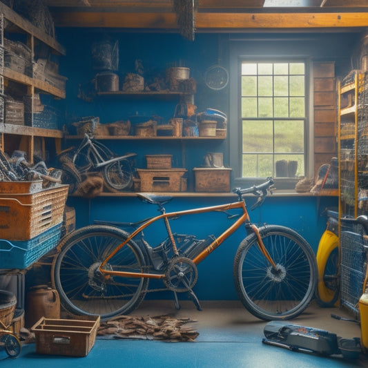 A cluttered garage with rusty bicycles, scattered tools, and stacked boxes, contrasted with a sleek, organized section featuring a slatted wall system, labeled bins, and a suspended bike rack.