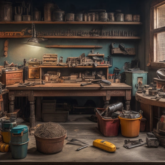 A cluttered workshop bench with scattered tools and parts, surrounded by half-built projects and scraps of metal, contrasted with a tidy, organized storage system in the background, with labeled compartments and neatly arranged tools.