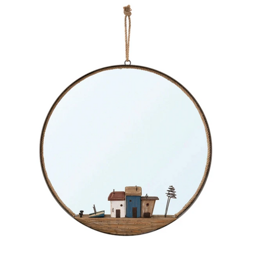 Decorative Metal and Rope Mirror with Driftwood Houses - 18-3/4-in. Round