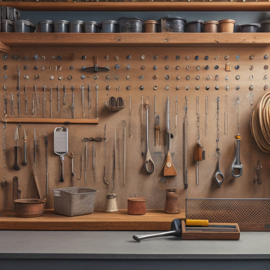 An organized workshop with various tool-laden pegboards, hooks, and bins, showcasing a mix of metal and wooden tools, with a subtle background of wooden planks and subtle shadows.