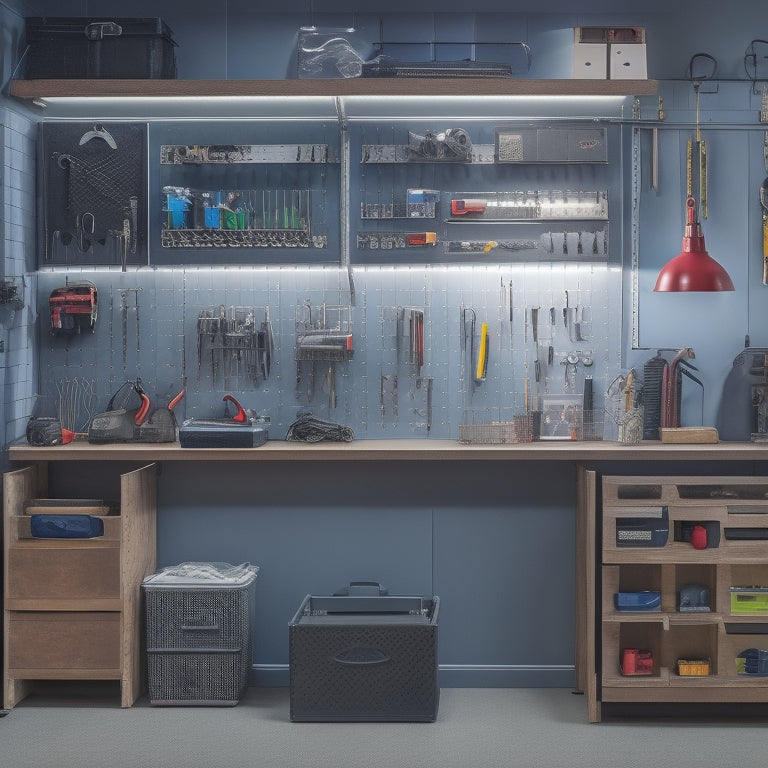 A well-lit, modern workshop with a pegboard cabinet against a gray wall, various tools and accessories organized on hooks and bins, with a few tools suspended from the board.