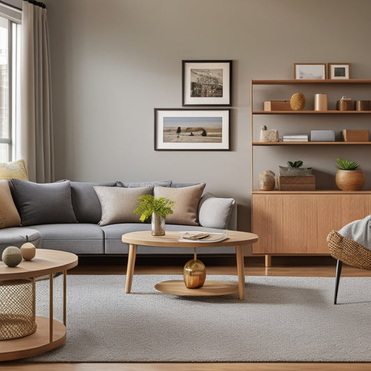 A serene, modern living room with a sleek, wall-mounted shelf system, a storage ottoman, and a compact, round coffee table with built-in baskets and trays.