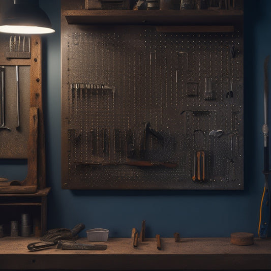 A pegboard with sturdy metal hooks of varying sizes, holding heavy tools like wrenches, hammers, and drills, with a blurred workshop background and warm, industrial lighting.