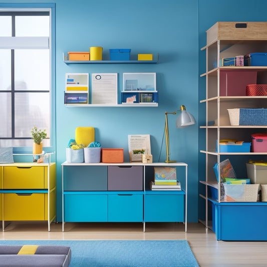 A tidy, modern room with 3-4 sleek storage racks, each with 5-7 colorful bins of varying sizes, holding office supplies, toys, or linens, surrounded by a minimalist background and soft, warm lighting.