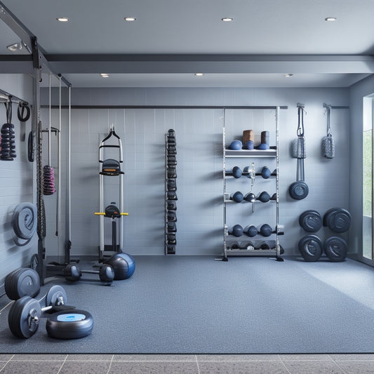 A modern garage gym with sleek, silver wall-mounted storage units, holding various exercise equipment like dumbbells, kettlebells, and resistance bands, amidst a clean, gray concrete floor and bright, white lighting.