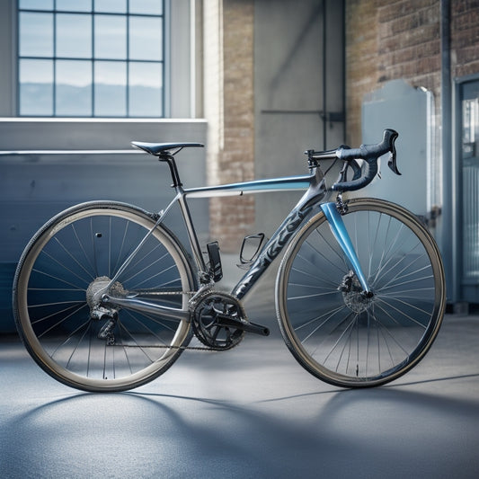 A sleek, silver road bike is centered on a clean, gray concrete floor, surrounded by scattered tools and bike parts, with a few droplets of oil and a hint of sunlight in the background.