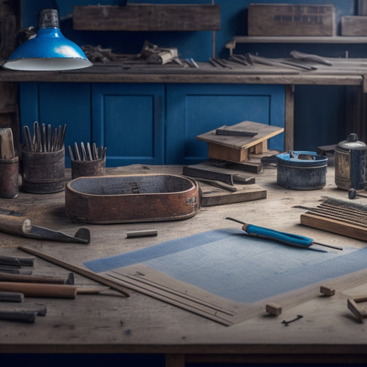 A tidy workshop desk with a large, unrolled blueprint pinned at its center, surrounded by scattered woodworking tools, a trio of wooden rulers, and a few pencils, with a faint blueprint-inspired background.