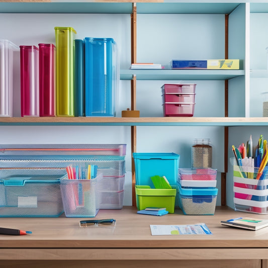 A tidy workspace featuring a mix of transparent and colored plastic bins of varying sizes, stacked and arranged on a wooden desk and shelf, with pens, papers, and office supplies neatly organized inside.