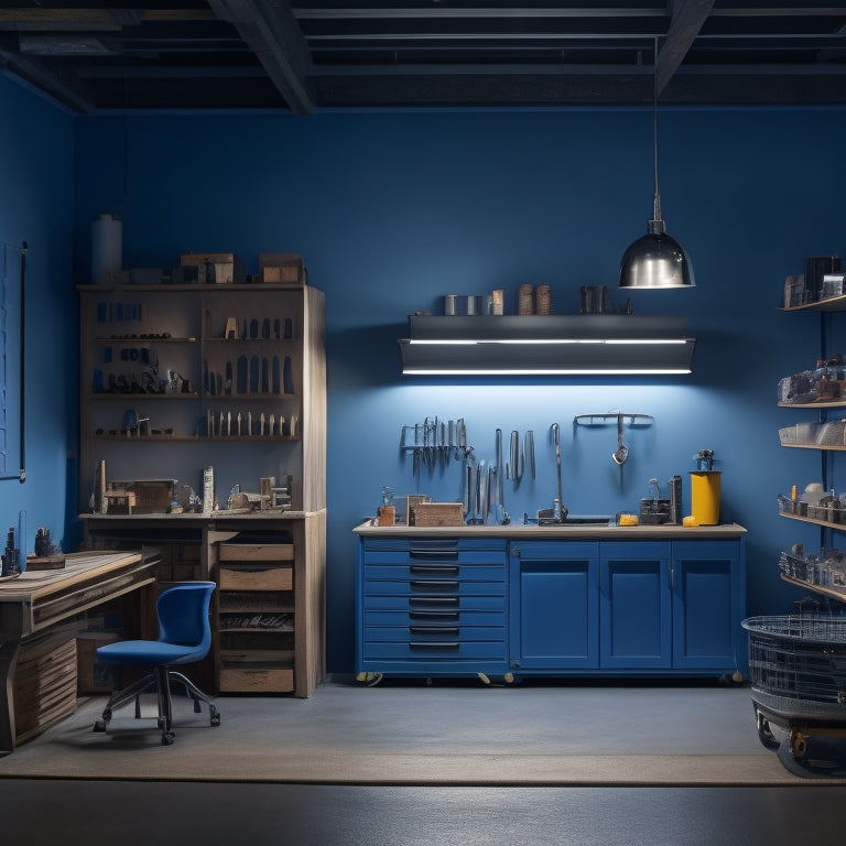 A well-lit, modern workshop with a blue steel cabinet in the center, surrounded by organized tools and machinery, with a subtle sense of depth and texture, and a calming blue-gray color palette.