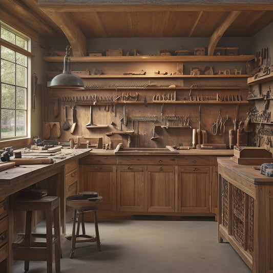 A well-organized woodworking shop with multiple storage cabinets of varying sizes, tools and materials neatly arranged on shelves, and a workbench in the center with a partially built wooden project.