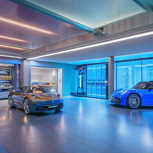 A sleek, modern garage interior with a smart car parked inside, surrounded by futuristic automation systems, including a large touchscreen display, automated storage units, and a smart ceiling with color-changing LED lights.