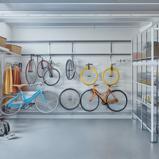 A well-organized garage interior with a sleek, silver storage rack suspended from the ceiling, holding bicycles, storage bins, and other items, surrounded by a clean, concrete floor and white walls.