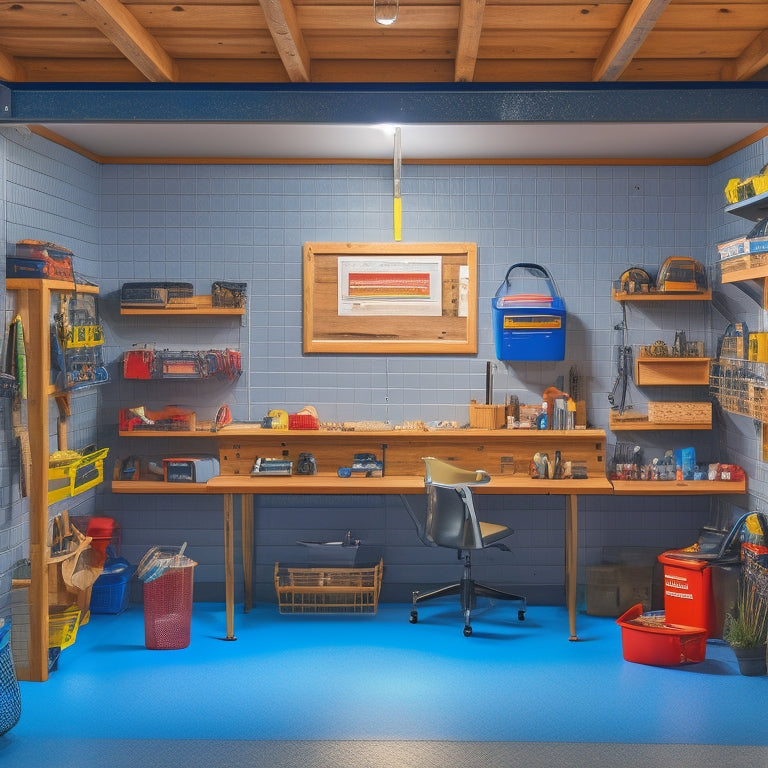 A well-lit garage workspace with a pegboard adorned with tools, a DIY workbench with built-in storage, and a labeled shelving unit holding bins and baskets, surrounded by a clean and clutter-free floor.