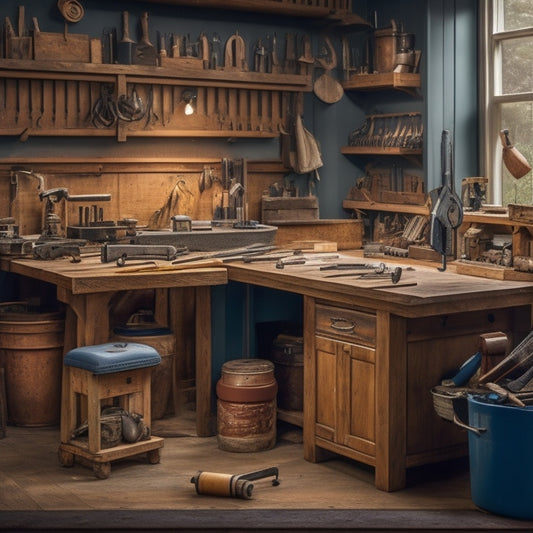 A clutter-free workshop with a well-organized workbench, a router table with a mounted router, and a collection of neatly arranged hand tools and power tools in the background.