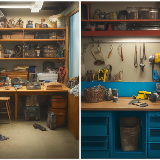 A before-and-after split-screen image: cluttered maintenance room with tangled cords and scattered tools, versus a organized space with labeled bins, a pegboard, and a sleek workbench.