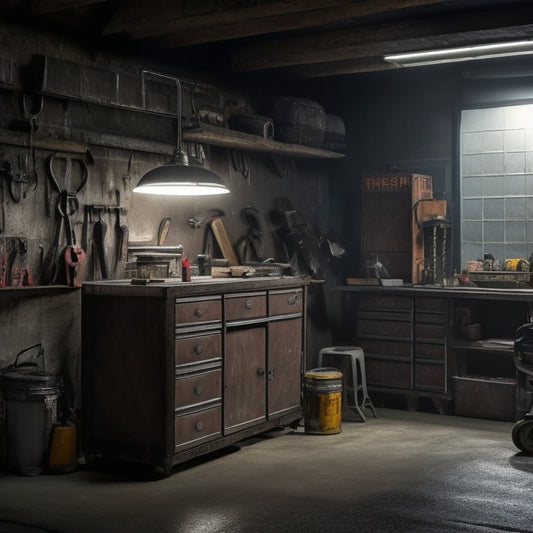 A dimly lit, cluttered garage workshop with a concrete floor, surrounded by worn toolboxes, scattered wrenches, and half-finished projects, featuring a central, gleaming, stainless steel heavy-duty tool chest.