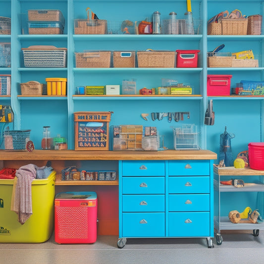 A clutter-free garage workspace with a pegboard on the wall, colorful bins on shelves, and a rolling tool cabinet with open drawers, revealing neatly organized tools and accessories.