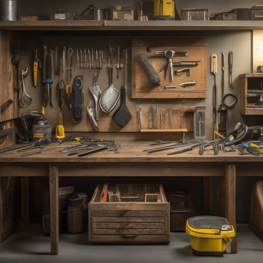 A clutter-free workshop bench with a compact tool organizer in the center, containing neatly arranged wrenches, pliers, and screwdrivers, surrounded by a few well-placed power tools and a small parts tray.