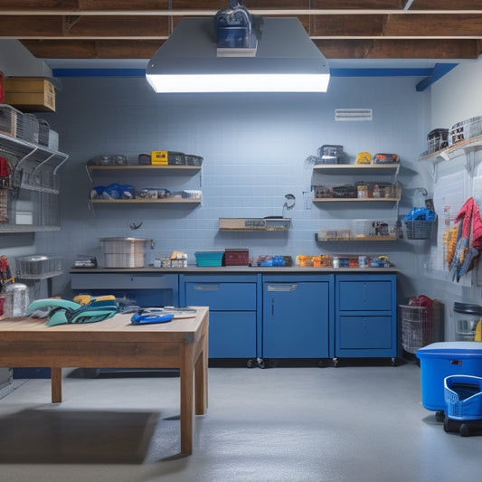 A well-lit, clutter-free garage with a slatwall featuring hooks, bins, and a pegboard, surrounded by a sleek workbench, labeled storage containers, and a polished concrete floor.