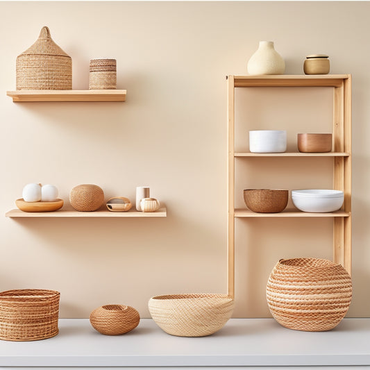 A minimalist white background with 5-7 different types of baskets in various materials (wicker, fabric, metal) and shapes (rectangular, oval, round) arranged on a shelving unit with clean lines and a natural wood tone.