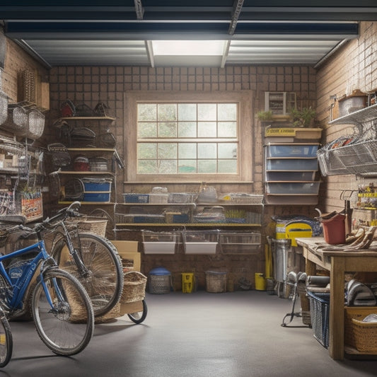 A cluttered garage transforms into an organized space, with bicycles suspended from the ceiling, labeled bins stacked on shelves, and a slatted wall system holding baskets and tools.