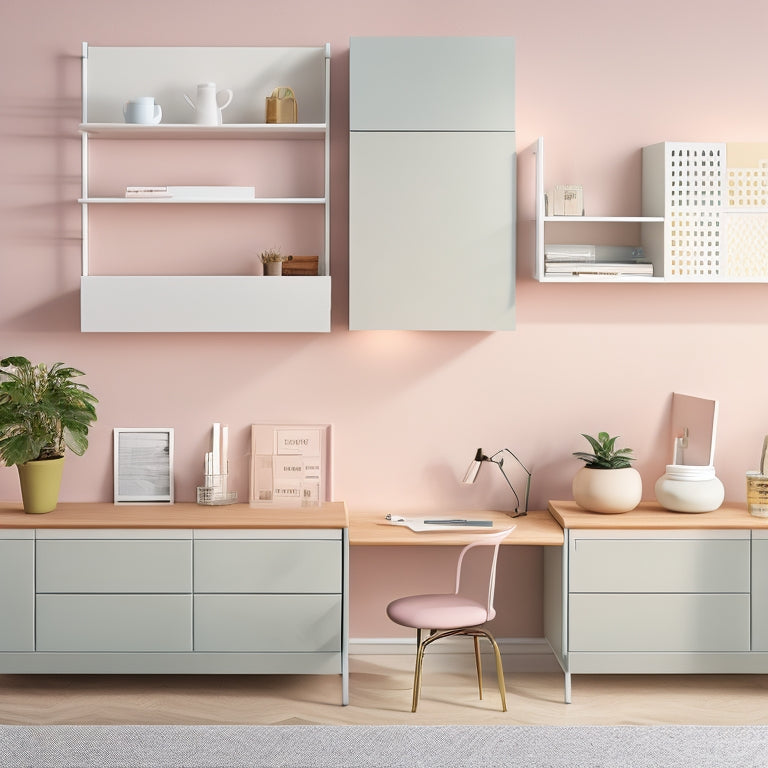 A clutter-free, minimalist workspace with a small, wall-mounted desk, a compact shelving unit, and a few, carefully-placed, multi-functional storage bins in a calm, pastel color palette.