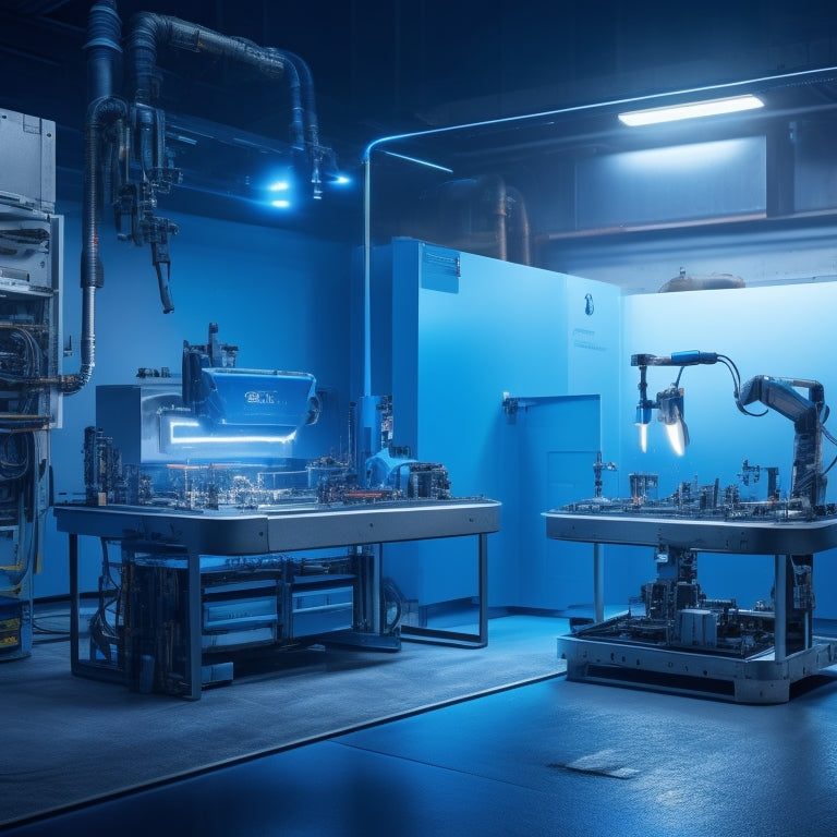 A futuristic welding workstation with sleek, silver machinery and glowing blue accents, surrounded by organized tools and a minimalist, industrial-style background, with a robotic arm in the foreground.