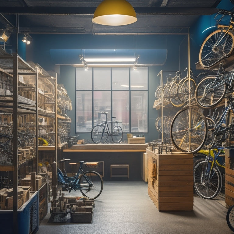 A warmly lit bike shop interior with rows of sleek hubs in various sizes and colors displayed on wooden shelves, surrounded by tools and bicycles in mid-repair.