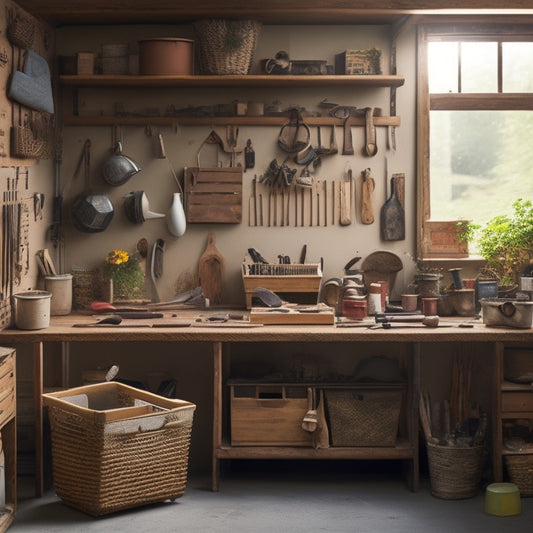 A cluttered workshop with scattered tools transforms into an organized space with a wooden pegboard, hanging baskets, and a repurposed crate turned into a storage bench, with a hint of natural light.