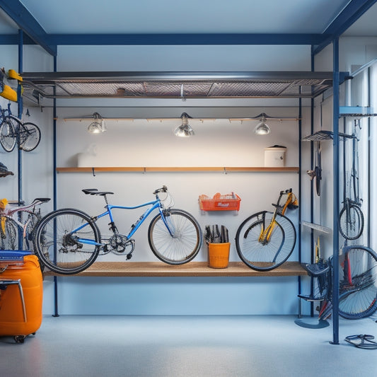 A clutter-free garage with three bikes suspended from the ceiling, two mounted on a wall rack, and one on a freestanding floor stand, surrounded by minimalistic storage bins and a sleek workbench.