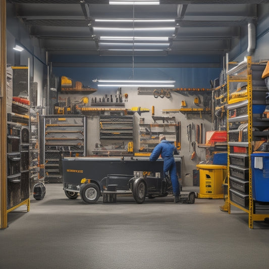 A well-organized garage with multiple heavy-duty metal tool cabinets, filled with wrenches and sockets, and a professional mechanic in the background, with a car on a lift, surrounded by various tools.