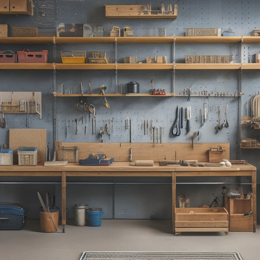 A well-organized workshop with a pegboard on the left, a workbench in the center, and a shelving unit on the right, featuring various tools and storage bins in a harmonious layout.