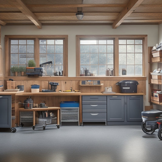 A well-organized home garage with a central workstation, surrounded by three small tool carts of varying sizes, each with distinct features: metal frame, wooden top, and removable storage bins.
