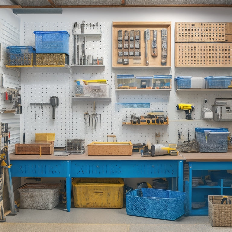 A well-organized workshop with a pegboard-covered wall, neatly hung power tools, and a labeled storage bin system, surrounded by a clean and clutter-free workbench and floor.