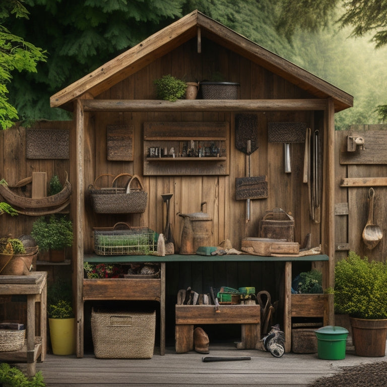 A clutter-free, rustic wooden shed with a pegboard on the back wall, holding a variety of tools and gadgets, surrounded by baskets and bins labeled with icons, amidst a lush green forest background.