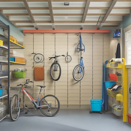 An overhead garage storage system with sleek, powder-coated steel frames, adjustable shelves, and durable baskets, suspended from a ceiling with sturdy hooks, amidst a clutter-free garage with a few bicycles and tools.