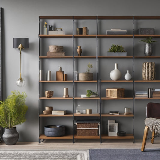 A clean and modern room with various wall-mounted shelves made of different materials: reclaimed wood, glass, metal, and MDF, each showcasing unique textures and finishes.